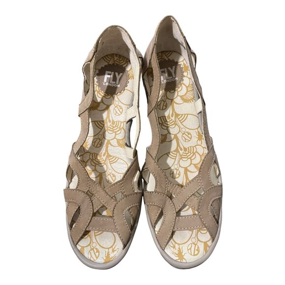 Fly London Yadi Wedge Sandal Leather Cutout Open Toe Taupe Womens 39 / US 8-8.5 - Picture 2 of 10